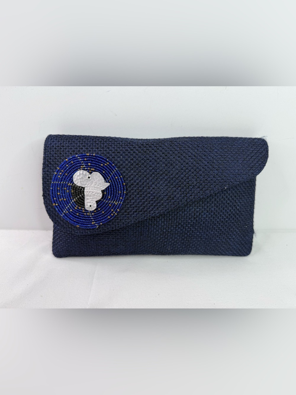 Woven Jute Navy Envelope Clutch with Beaded Accent African